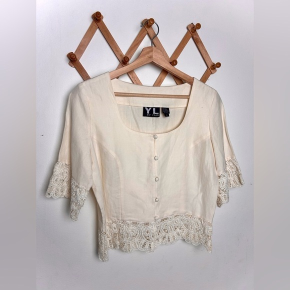 Vintage Tops - Vintage Silk/Linen Blend Button Down Cottagecore Blouse with Lace Trim Sz L